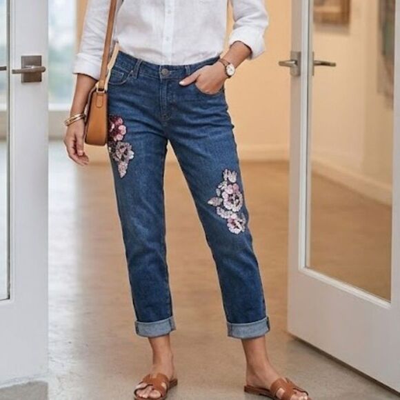 Denim - Anthropologie Pilcro Sequin Floral Embroidered Slim Boyfriend Jeans 28 Crop